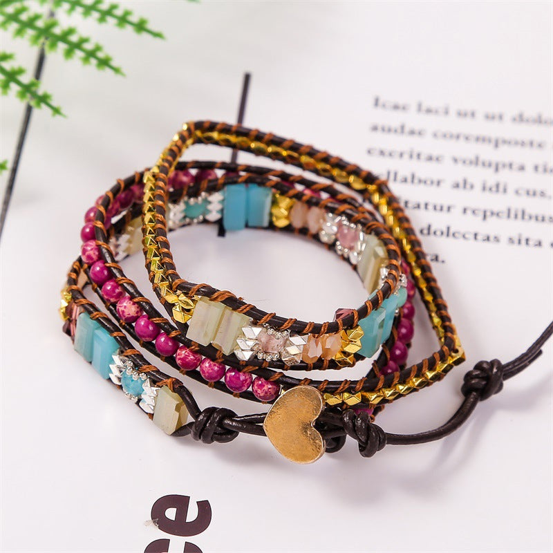Dame boho-inspireret wrap armbånd, Imperial Jasper og krystal, gyldent hjerte lås, unikke farver.