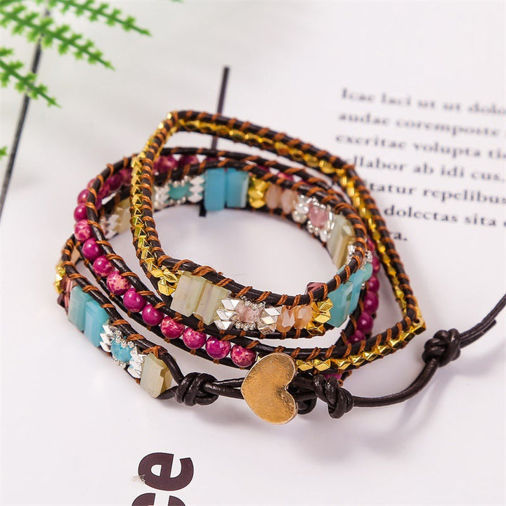 Dame boho-inspireret wrap armbånd, Imperial Jasper og krystal, gyldent hjerte lås, unikke farver.