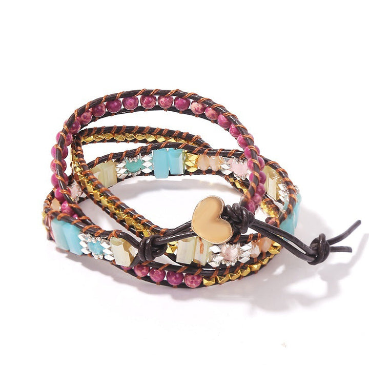 Dame boho-inspireret wrap armbånd, Imperial Jasper og krystal, gyldent hjerte lås, unikke farver.
