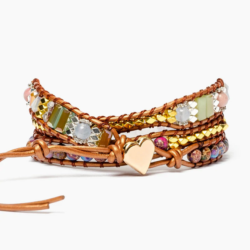 Dame boho-inspireret wrap armbånd, Imperial Jasper og krystal, gyldent hjerte lås, unikke farver.