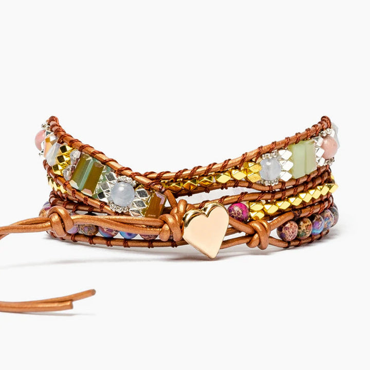 Dame boho-inspireret wrap armbånd, Imperial Jasper og krystal, gyldent hjerte lås, unikke farver.