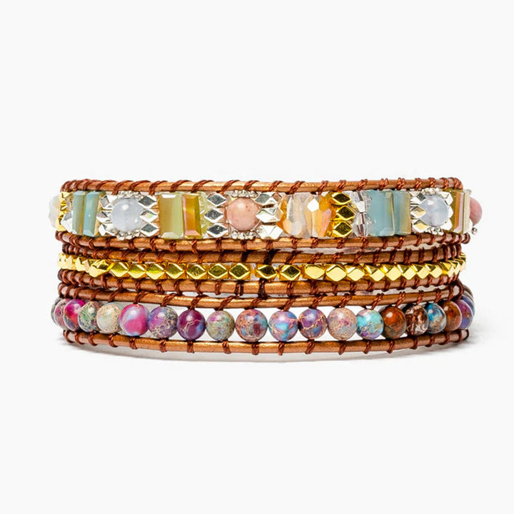 Dame boho-inspireret wrap armbånd, Imperial Jasper og krystal, gyldent hjerte lås, unikke farver.