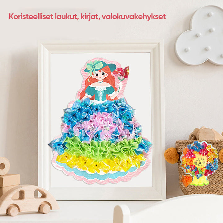 DIY Stikningskunst Sæt til Børn, farverige tråde og stoffer, inspirerer til kreativitet og udvikler finmotorik.