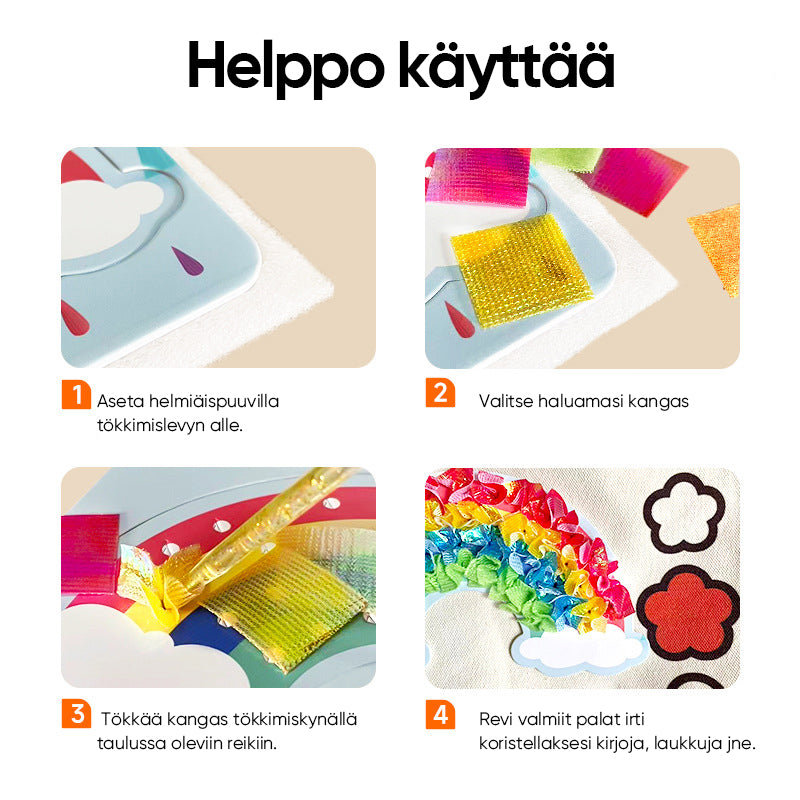 DIY Stikningskunst Sæt til Børn, farverige tråde og stoffer, inspirerer til kreativitet og udvikler finmotorik.