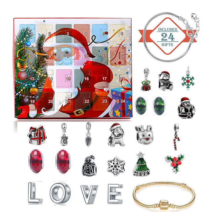 DIY julekalender armbånd til piger: julemand, snemand og rensdyr - lyserød opbevaringsboks, 24 overraskelser.