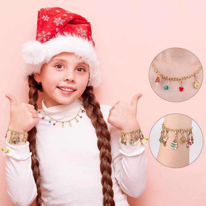 DIY julekalender armbånd til piger: julemand, snemand og rensdyr - lyserød opbevaringsboks, 24 overraskelser.