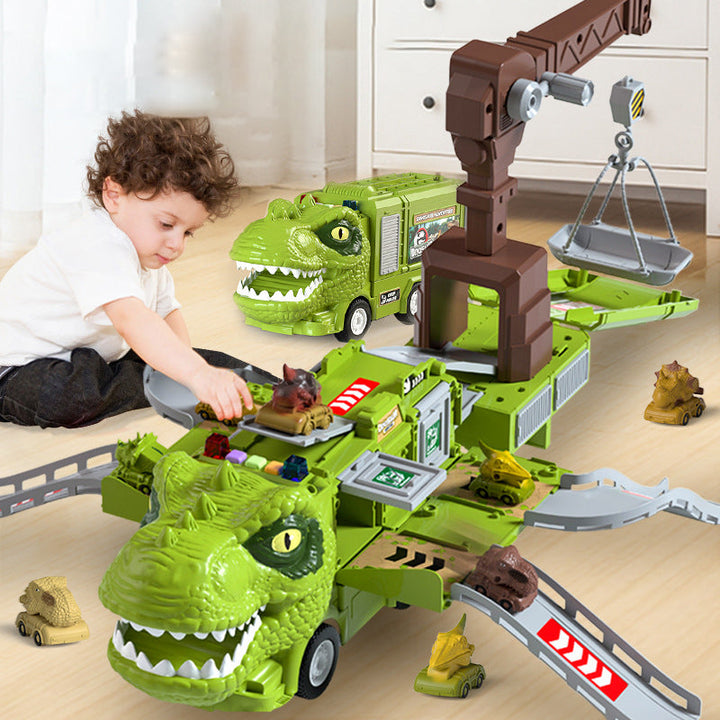 Legetøjsbilbane med dinosaurtema for børn, med oplyst T-rex og Triceratops lastbil.