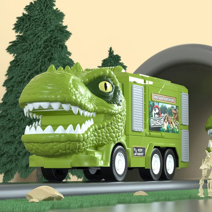 Legetøjsbilbane med dinosaurtema for børn, med oplyst T-rex og Triceratops lastbil.