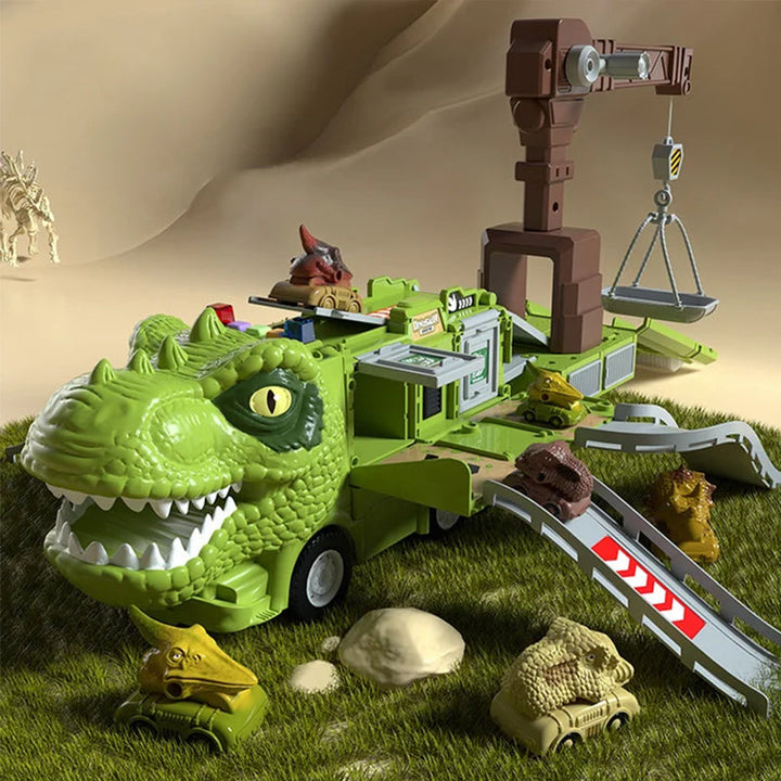 Legetøjsbilbane med dinosaurtema for børn, med oplyst T-rex og Triceratops lastbil.