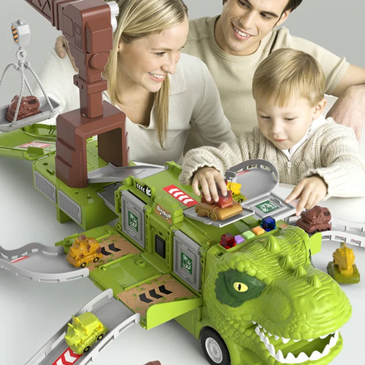 Legetøjsbilbane med dinosaurtema for børn, med oplyst T-rex og Triceratops lastbil.