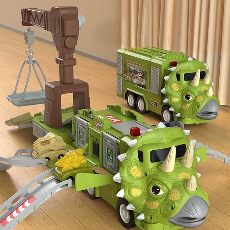 Legetøjsbilbane med dinosaurtema for børn, med oplyst T-rex og Triceratops lastbil.