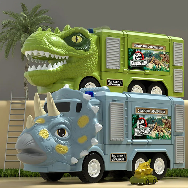 Legetøjsbilbane med dinosaurtema for børn, med oplyst T-rex og Triceratops lastbil.