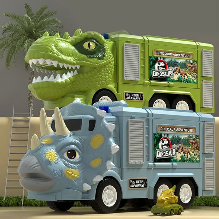 Legetøjsbilbane med dinosaurtema for børn, med oplyst T-rex og Triceratops lastbil.