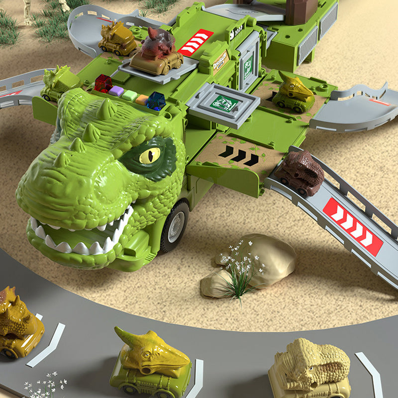 Legetøjsbilbane med dinosaurtema for børn, med oplyst T-rex og Triceratops lastbil.