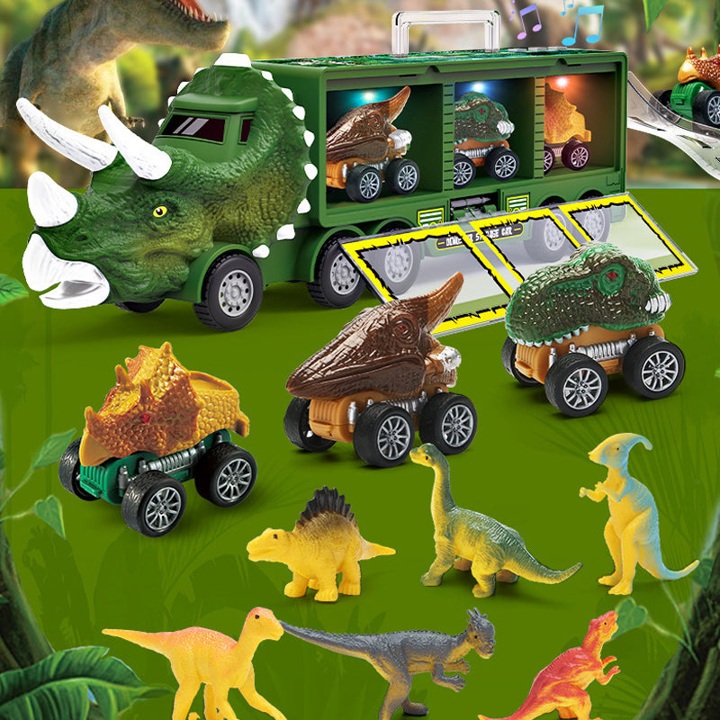 Børne dino lastbil i blågrøn med blinkende lys og realistiske lyde, sjovt legetøj til eventyr.