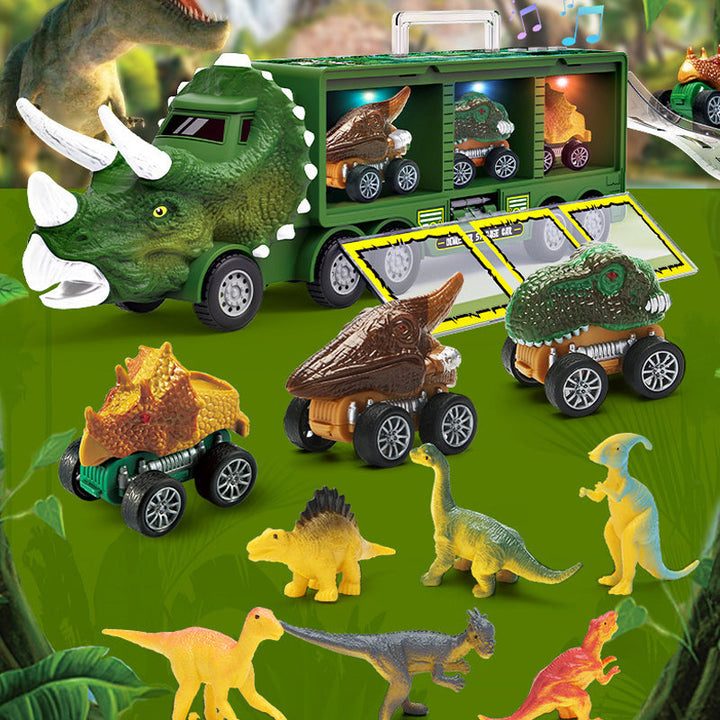 Børne dino lastbil i blågrøn med blinkende lys og realistiske lyde, sjovt legetøj til eventyr.