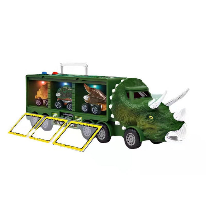 Børne dino lastbil i blågrøn med blinkende lys og realistiske lyde, sjovt legetøj til eventyr.