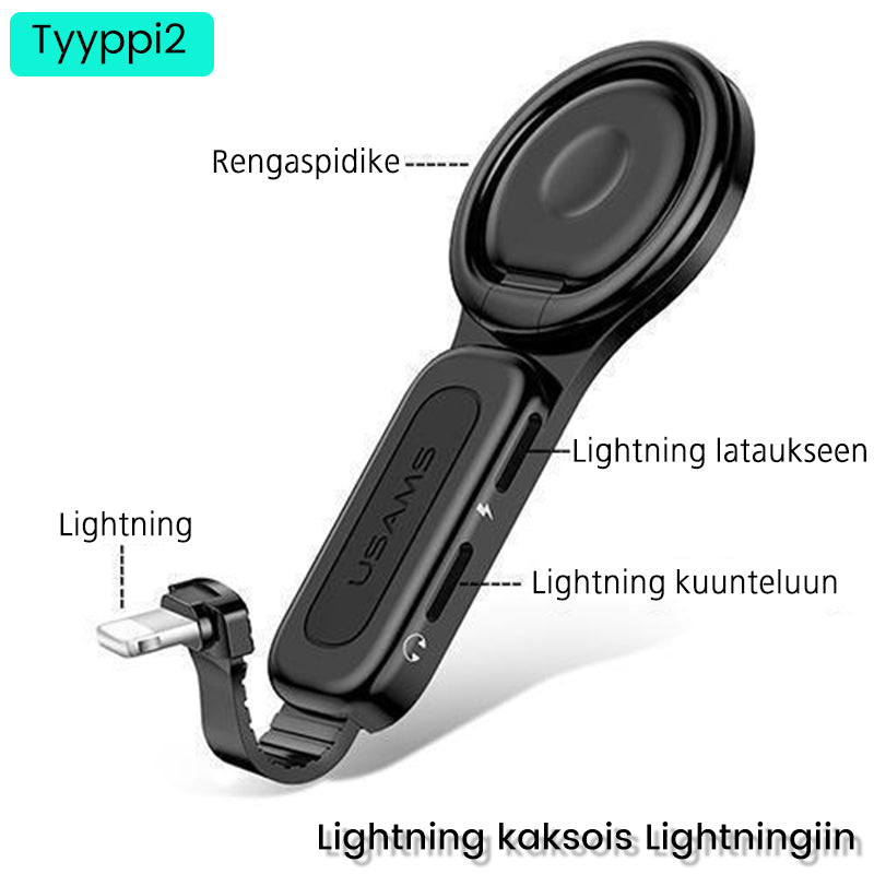 Dual Lightning til mænd: sølvfarvet 4-i-1 adapter, to Lightning-porte, magnetisk ring-adapter, kompakt design