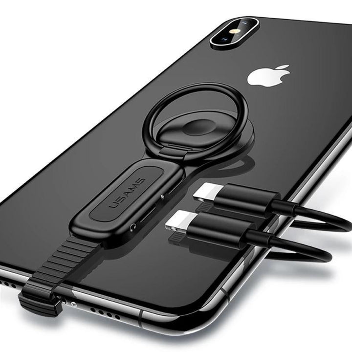 Dual Lightning til mænd: sølvfarvet 4-i-1 adapter, to Lightning-porte, magnetisk ring-adapter, kompakt design