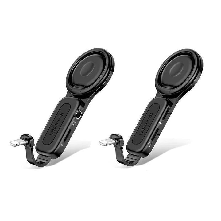 Dual Lightning til mænd: sølvfarvet 4-i-1 adapter, to Lightning-porte, magnetisk ring-adapter, kompakt design