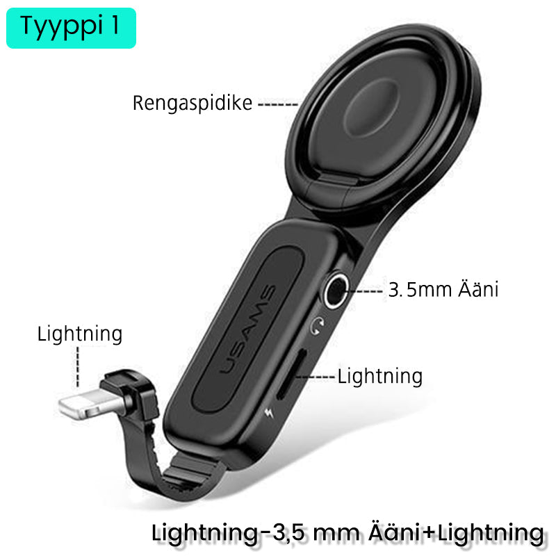 Dual Lightning til mænd: sølvfarvet 4-i-1 adapter, to Lightning-porte, magnetisk ring-adapter, kompakt design
