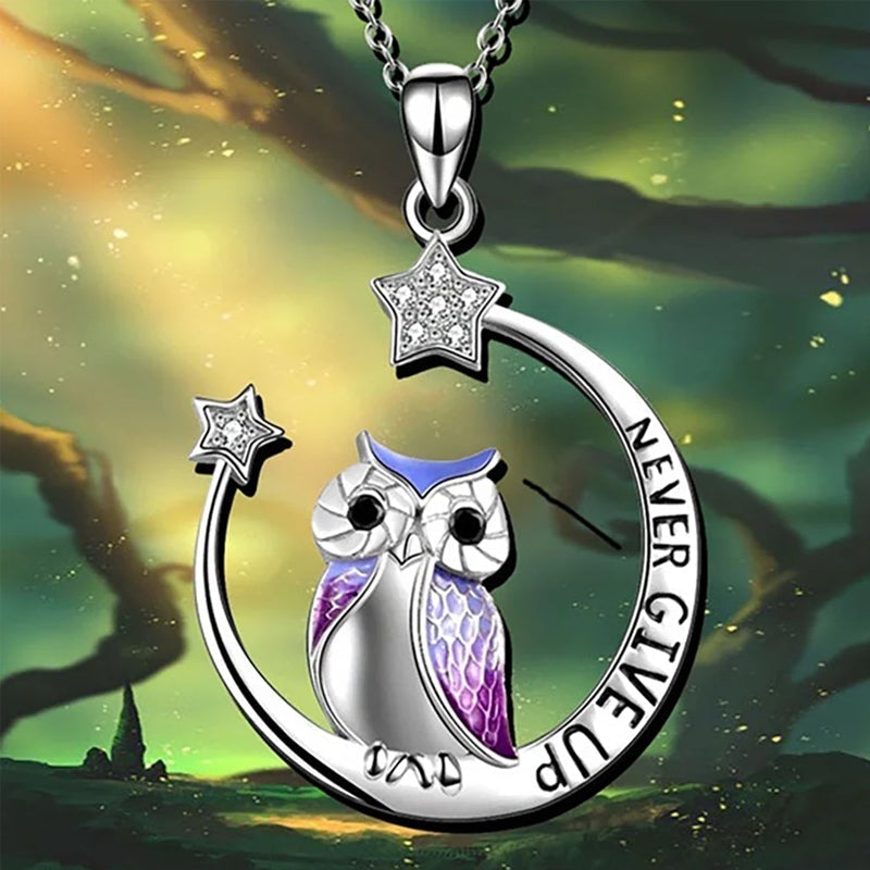 Elegant sølv dame ugle halskæde 'Never Give Up', symboliserer visdom og mod, indgravering inspirerer.