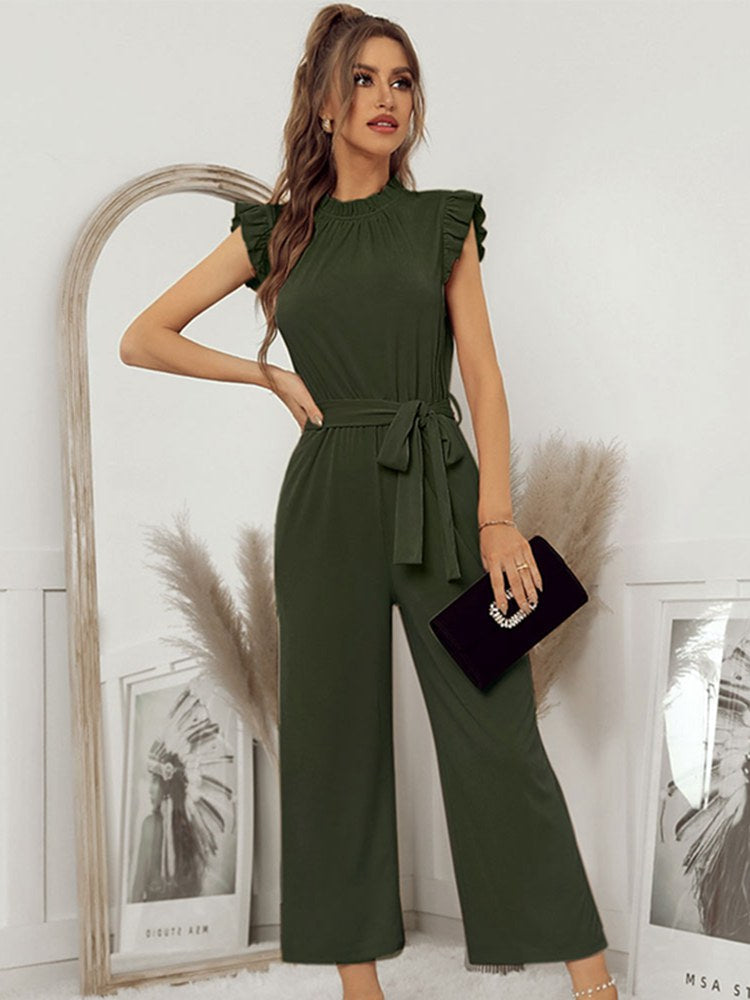 Elegant dame jumpsuit med cap ærmer og justerbar talje, klassisk rund halsudskæring, fremhæver din silhuet.