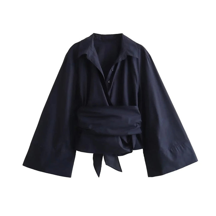 Elegant dame kimono bluse med sløjfe, langærmet i afslappet stil, velegnet til hverdag og fest.