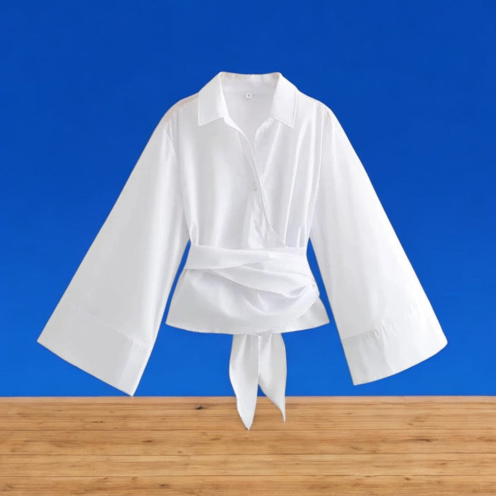 Elegant dame kimono bluse med sløjfe, langærmet i afslappet stil, velegnet til hverdag og fest.