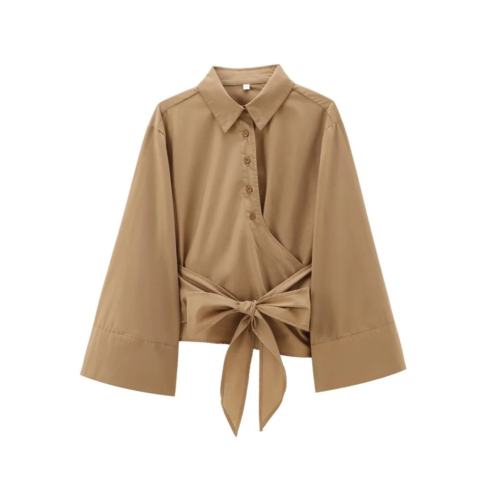 Elegant dame kimono bluse med sløjfe, langærmet i afslappet stil, velegnet til hverdag og fest.
