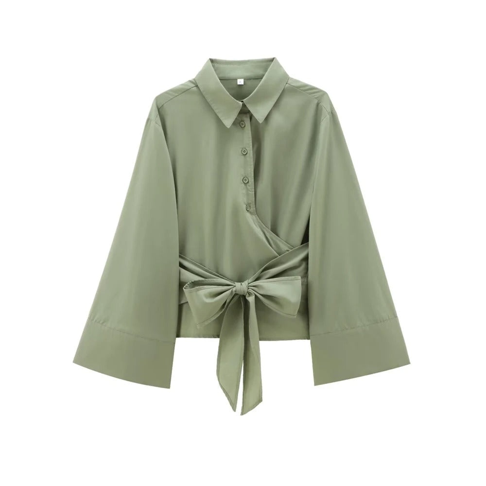 Elegant dame kimono bluse med sløjfe, langærmet i afslappet stil, velegnet til hverdag og fest.