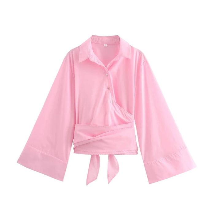 Elegant dame kimono bluse med sløjfe, langærmet i afslappet stil, velegnet til hverdag og fest.