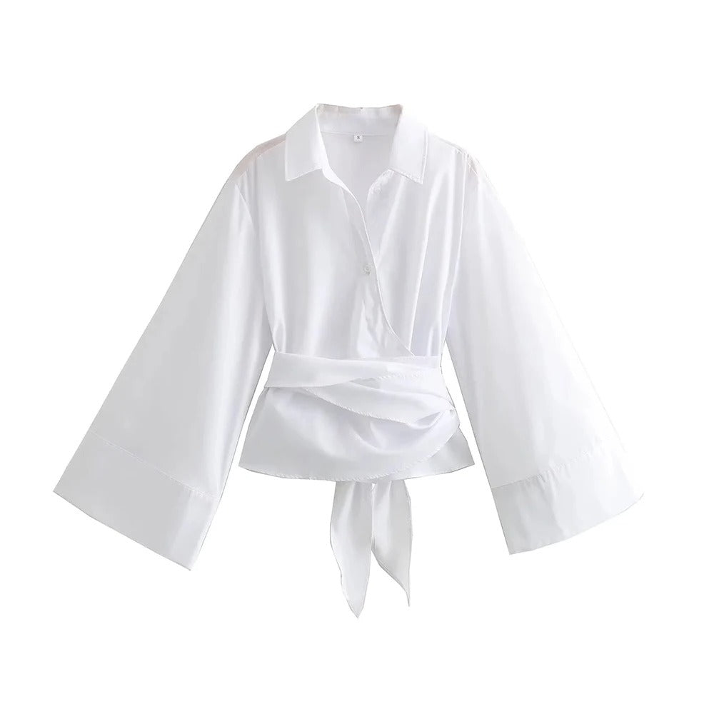 Elegant dame kimono bluse med sløjfe, langærmet i afslappet stil, velegnet til hverdag og fest.