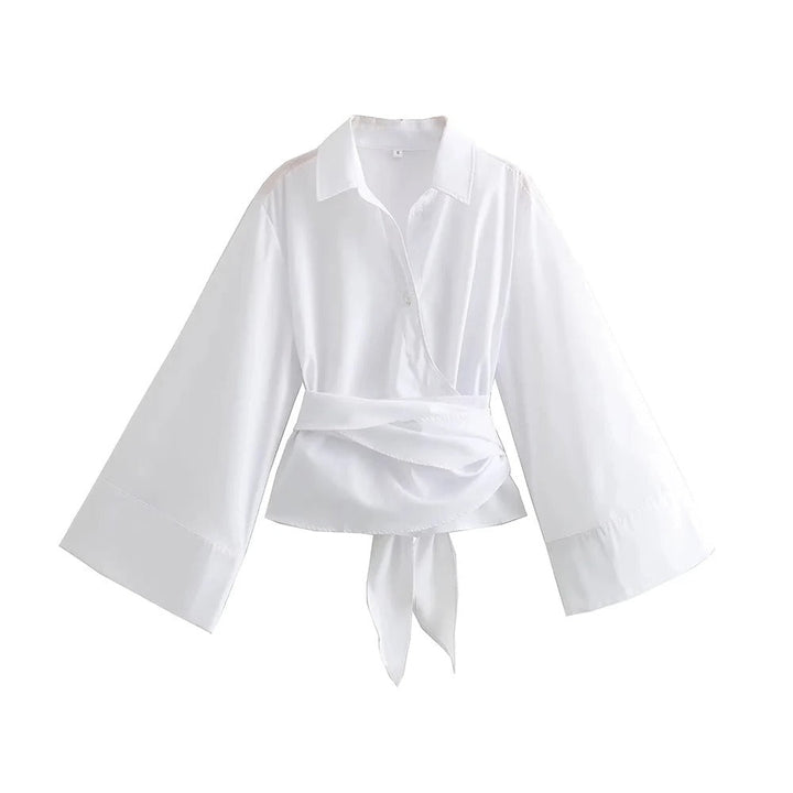 Elegant dame kimono bluse med sløjfe, langærmet i afslappet stil, velegnet til hverdag og fest.