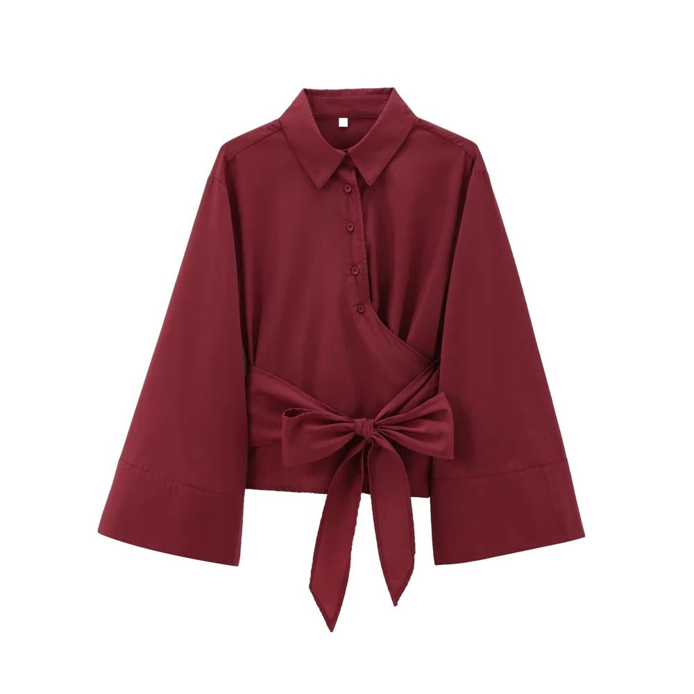 Elegant dame kimono bluse med sløjfe, langærmet i afslappet stil, velegnet til hverdag og fest.