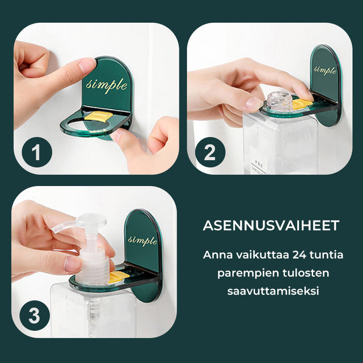 Elegant plastik bruser gel holder, tilgængelig i mørkegrøn og lysegrøn, passer til forskellige flaskestørrelser og indretninger.