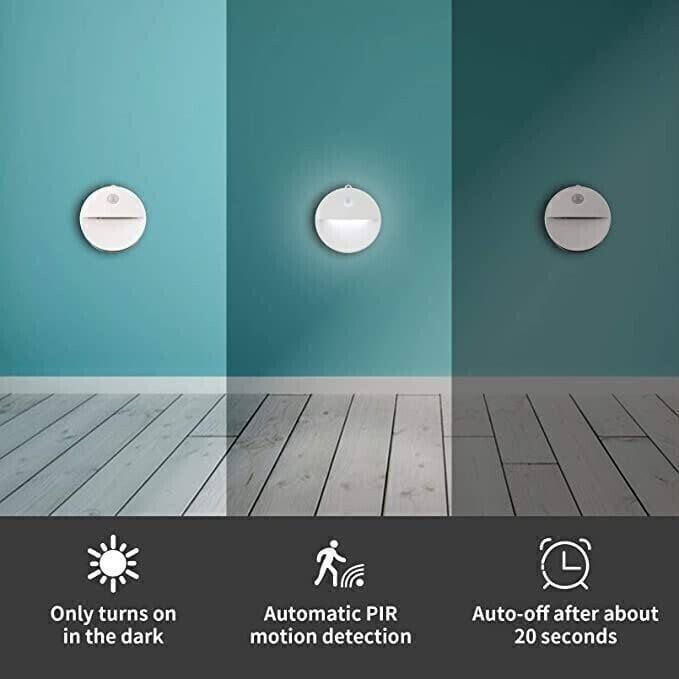Energiatehokas liiketunnistin LED-valo; pyöreä, valkoinen runko; helppo asennus, USB-ladattava, kirkas valaistus.