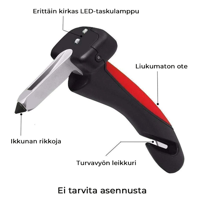 Ergonomisk bildørhåndtag med indbygget LED-lys, sikkerhedssele-skærer og vinduesbryder; en komplet sikkerhedsløsning.