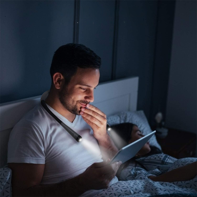 Ergonomisk LED-læselampe til halsen med tre lysindstillinger, håndfri brug og behagelig læseoplevelse.