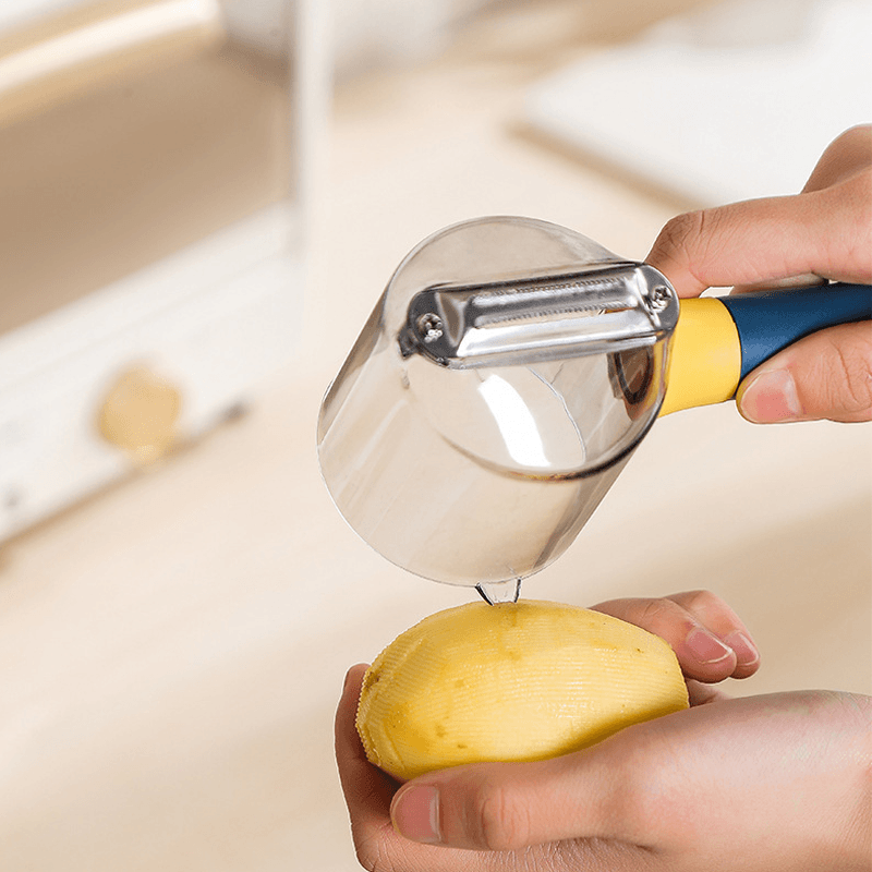 Ergonomisk skrælkniv med affaldsopsamler, skridsikkert håndtag, rustfrit stål, grøntsagsskræller i køkkenet.