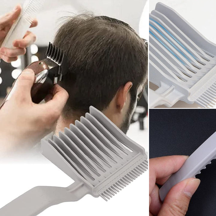 Ergonomisk herre gradientkam, sorte og grå nuancer, til hårklipning, brugt i en salon.