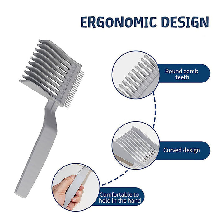 Ergonomisk herre gradientkam, sorte og grå nuancer, til hårklipning, brugt i en salon.