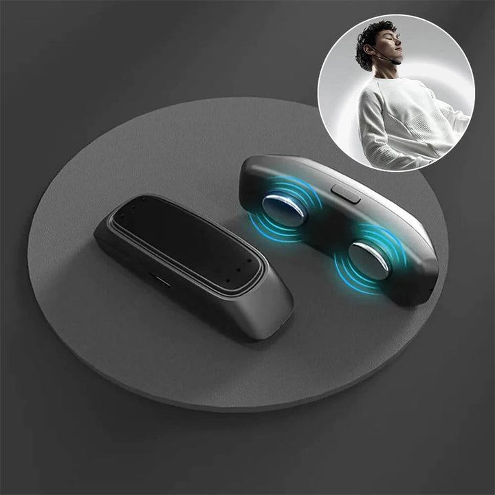 Ergonomisk sort snorkeafvænning enhed til dyb søvn, lille størrelse 50x20x12 mm, slankt design, stål accenter.