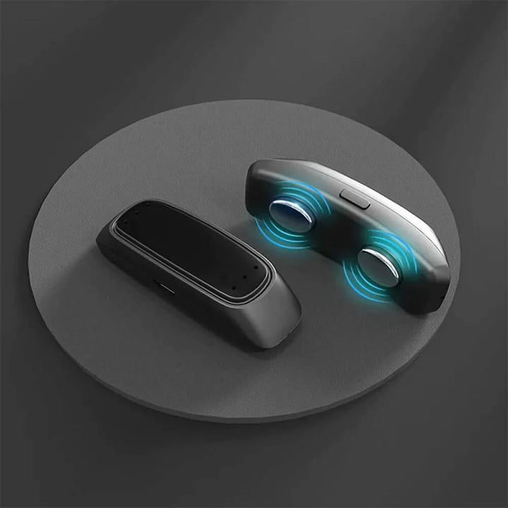 Ergonomisk sort snorkeafvænning enhed til dyb søvn, lille størrelse 50x20x12 mm, slankt design, stål accenter.