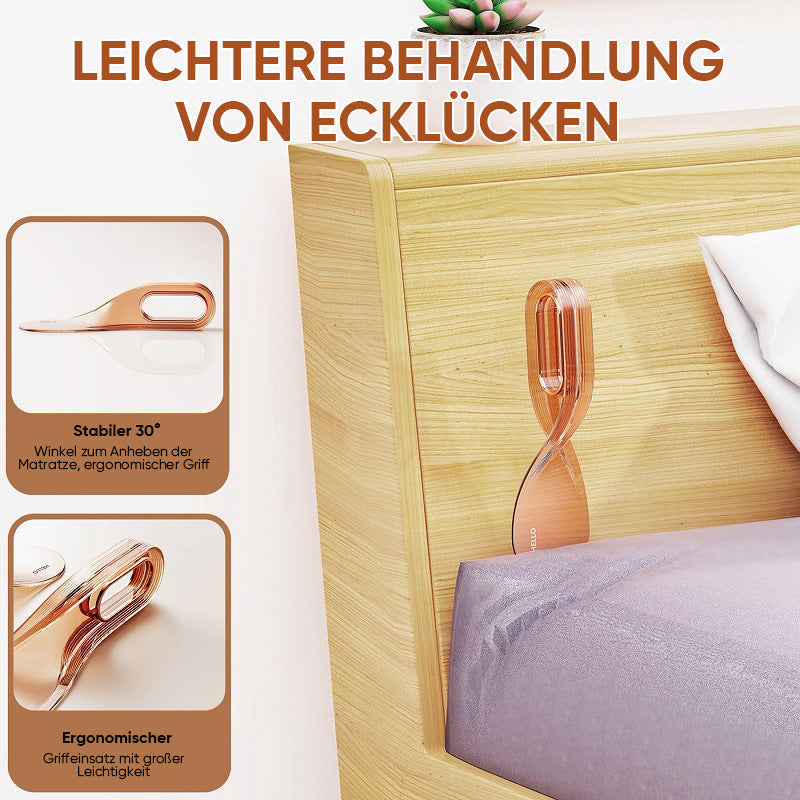 Ergonominen patjan nostotyökalu, keltainen, vihreä, violetti, ergonominen muotoilu, kestävää muovia, kevyt ja kestävä.