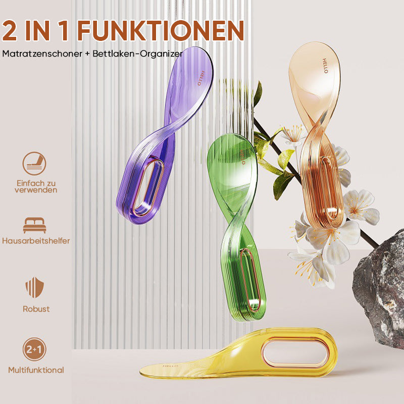 Ergonominen patjan nostotyökalu, keltainen, vihreä, violetti, ergonominen muotoilu, kestävää muovia, kevyt ja kestävä.