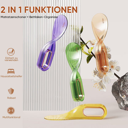 Ergonominen patjan nostotyökalu, keltainen, vihreä, violetti, ergonominen muotoilu, kestävää muovia, kevyt ja kestävä.