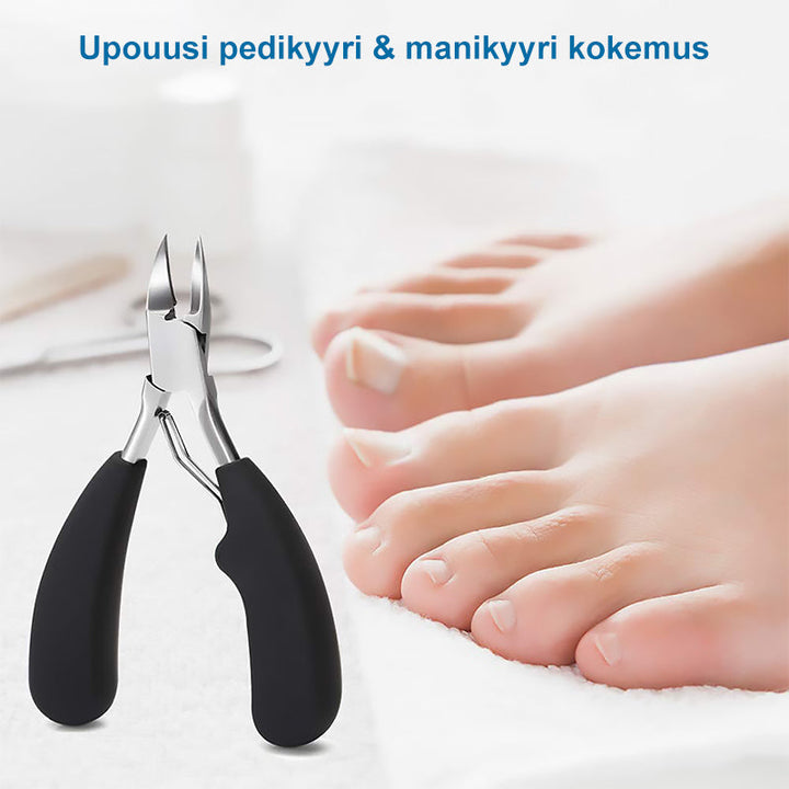 Ergonomisk neglesæt i rustfrit stål, inkluderer klippere og fil, perfekt til tykke negle og neglebånd.