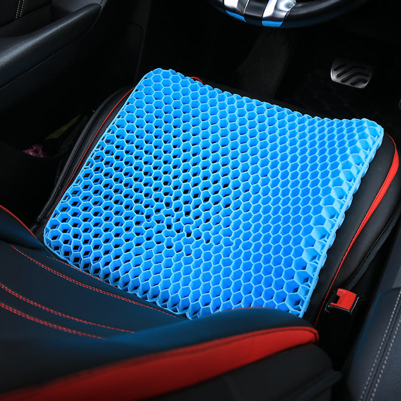 Ergonomisk blå gelpude med honeycomb-struktur, til sæder, giver støtte og køling til hjemme- og kontorbrug.