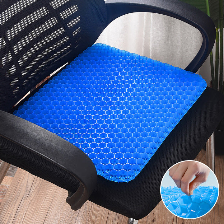 Ergonomisk blå gelpude med honeycomb-struktur, til sæder, giver støtte og køling til hjemme- og kontorbrug.